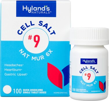 Hyland's No. 9 Cell Salt Nat Mur 6X Tablets, Relief of Headache, Constipation, Heartburn, and Bloating, Natural Remedy for Water Retention, Indigestion, Colds, Gastric Upset, 100 Count