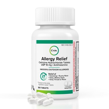 C'rcle Cetirizine HCL 10mg 365 Tablets - Allergy Pills Non Drowsy &amp; 24 Hour Allergy Medicine to Support Allergy Relief, Antihistamine for Indoor &amp; Outdoor Allergies, Runny Nose, Itchy &amp; Watery Eyes