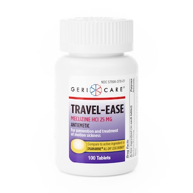 GeriCare Meclizine HCI 25mg Antiemetic Travel-Ease Tablets, Prevents and Treats Motion Sickness, Nausea Relief, 100 Count (Pack of 1)