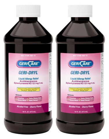 GeriCare Geri-Dryl Diphenhydramine HCI Solution - Antihistamine Liquid Multi-Symptom Allergy Relief Formula - Relieves Sneezing Runny Nose, Watery, Itchy Eyes &amp; Throat, 16 FL OZ (Pack of 2)
