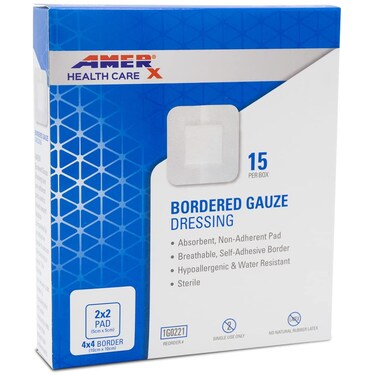 4" x 4" Dressing (2x2 Pad) AMERX Bordered Gauze - Adhesive Bandages - Water Resistant Barrier - Self Adhesive Border - Breathable, Hypoallergenic - 15 Pads Per Box