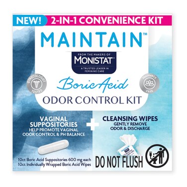 Monistat Maintain Boric Acid for Vaginal Odor Convenient 2-in-1 Kit, 10 Feminine Wipes and 10 Boric Acid Suppositories for Women