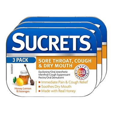 Sucrets Sore Throat &amp; Cough Lozenges, Honey Lemon, 18 Count (3 Pack)