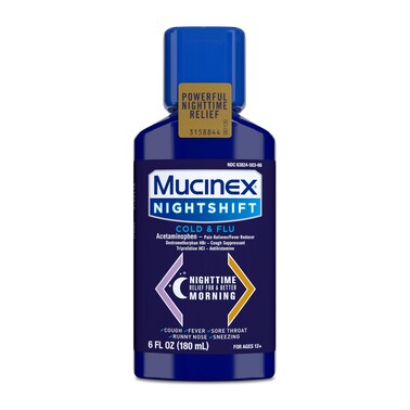 Mucinex Nightshift Cold &amp; Flu Liquid That Relieves Fever/Sneezing/Sore Throat/Runny Nose and Cough, 6 Fl Oz (Pack of 1)