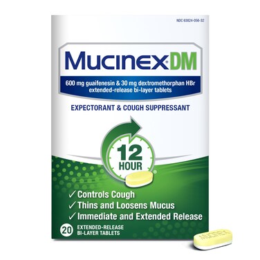 Mucinex DM 12Hr Chest Congestion &amp; Cough Medicine For Adults, Cold And Cough Medicine for Excess Mucus Relief, 600 mg Guaifenesin &amp; 30 mg Dextromethorphan HBr, 20 Bi-Layer Tablets