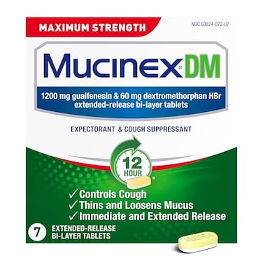 Mucinex DM 12Hr Maximum Strength Chest Congestion &amp; Cough Medicine For Adults, Cold And Cough Medicine for Excess Mucus Relief, 1200 mg Guaifenesin &amp; 60 mg Dextromethorphan HBr, 7 Bi-Layer Tablets