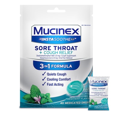 Mucinex Instasoothe Sore Throat Relief + Cough Relief, Sore Throat Lozenges, Cough Drops with Dextromethorphan HBr &amp; Hexylresorcinol, Alpine Herbs &amp; Fresh Mint Flavor Medicated Throat Drops, 40ct