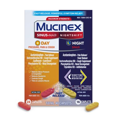 Mucinex Sinus-Max Day Pressure, Pain &amp; Cough &amp; Nightshift Night Sinus Medicine for Adults, Day/Night Combo Pack for Sore Throat Relief, Nasal Congestion Relief, Cough &amp; Cold Medicines, 40 Caplets