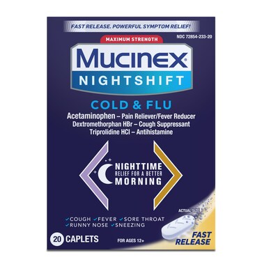 Mucinex Nightshift Cold &amp; Flu, Maximum Strength Powerful Multi-symptom Nighttime Relief, 20 Fast Release Caplets - Pain Reliever/Fever Reducer, Cough Suppressant, Antihistamine