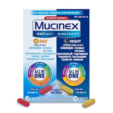 Mucinex Fast-Max Day Cold and Flu &amp; Nightshift Night Severe Cold and Flu Medicine for Adults, Day/Night Combo Pack for Fever, Sore Throat Relief, Decongestant, Cough &amp; Cold Medicines, 40 Caplets