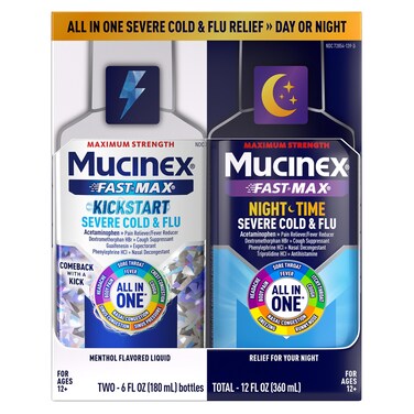 Mucinex Fast-Max Kickstart &amp; Night Time Severe Cold and Flu Medicine for Adults, Cough Medicine for Adults, Liquid Cold Medicine Day &amp; Night Combo Pack, 2x6 fl oz