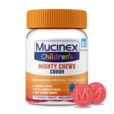 Mucinex Children's Mighty Chews Kids Cough Medicine, Easy to Dose Cough Suppressant for Kids with Dextromethorphan, Kids Travel Medicine for Cough, Mixed Berry Flavor, 16 Medicated Chewable Tablets