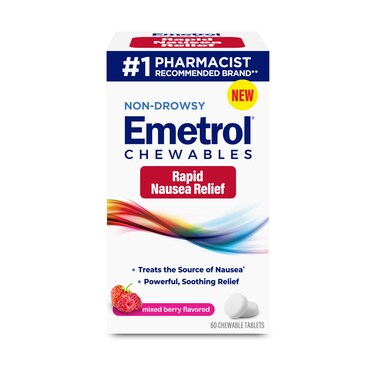 Emetrol Non-Drowsy Nausea Relief - Chewable Medicine for Upset Stomach - Pharmacist Recommended Nausea Relief - Mixed Berry Flavor, 60 Tablets