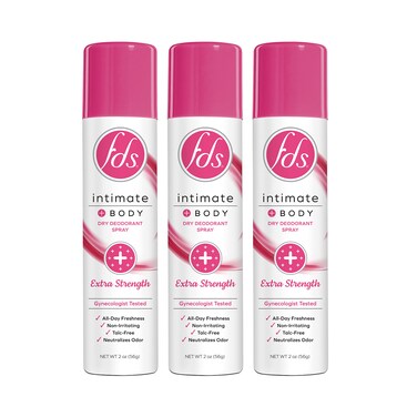 FDS Intimate Deodorant Spray, Extra Strength, 2 oz (Pack of 3) Feminine Spray for All Day Freshness &amp; Odor Protection; pH-balanced, Talc-Free, Gynecologist Tested