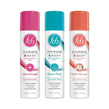 FDS Intimate Deodorant Feminine Spray for All Day Freshness &amp; Odor Protection, Variety Pack Shower Fresh + White Blossom, pH-balanced, Talc-Free, Gynecologist Tested, Delicate Breeze, 2 Oz, Pack of 3