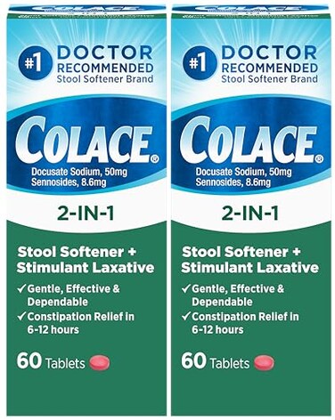 Colace 2-in-1 Stool Softener Plus Stimulant Laxative for Gentle Effective Constipation Relief, Docusate Sodium Plus Sennosides, 60 Count (Pack of 2)