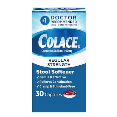 Colace Regular Strength Stool Softener for Gentle Effective Constipation Relief, 1 Doctor Recommended Stool Softener Brand, 100 mg Docusate Capsules, 30 Count