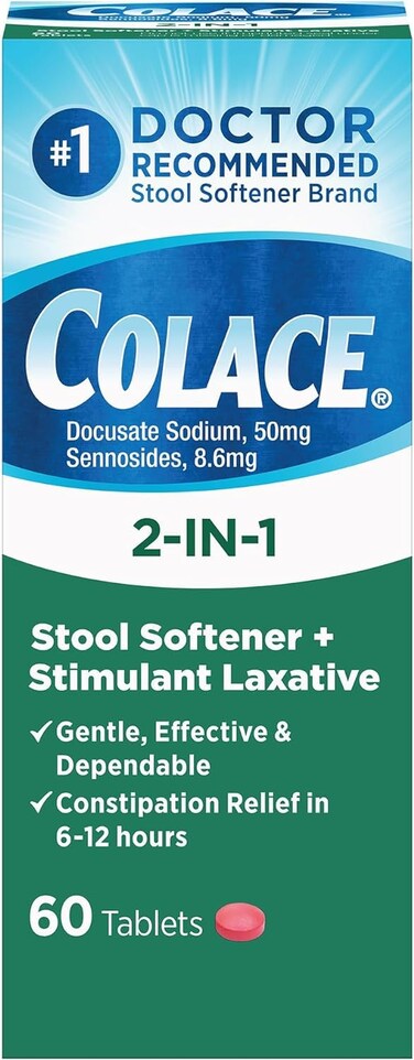 Colace 2-IN-1 Stool Softener &amp; Stimulant Laxative Tablets, 60 Count, Gentle Constipation Relief in 6-12 Hours