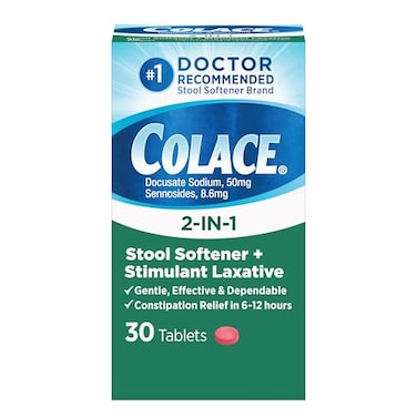 Colace 2-In-1 Stool Softener &amp; Stimulant Laxative Tablets, Gentle Constipation Relief in 6-12 Hours, 30 Count