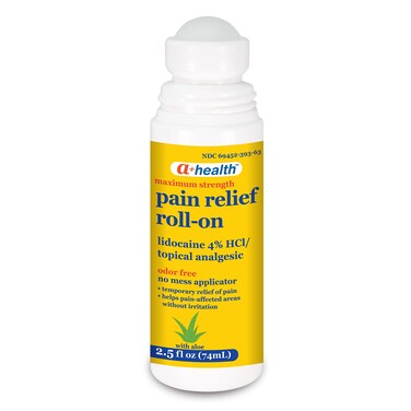 Pain Relief Roll-On Liquid, Lidocaine 4%, Odor Free, Maximum Strength Pain + Itch Relief with Aloe, Made in USA, 2.5 fl Ounces