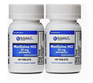 Reliable-1 Laboratories Meclizine 25 mg Generic Bonine Motion Sickness (100 Chewable Tablets Each (2-Pack) - Prevent Nausea, Vomiting, and Dizziness Caused by Motion Sickness