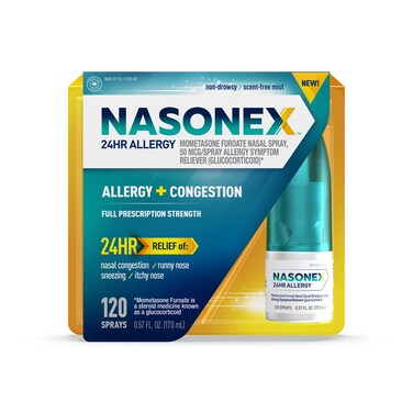 Nasonex 24HR Allergy Nasal Spray, Allergy + Congestion, Non-Drowsy Relief in Full Prescription Strength, 120 Spray