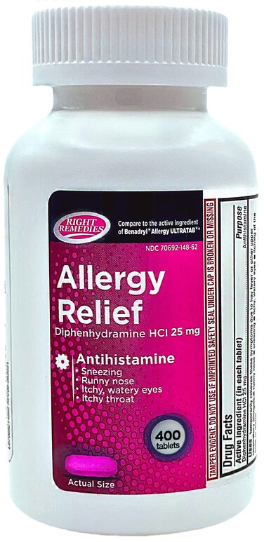 Allergy Relief Antihistamine, Diphenhydramine HCl 25mg, Generic Benadryl Ultratabs, Relieves Seasonal Indoor or Outdoor Upper Respiratory Allergies, 400 Count
