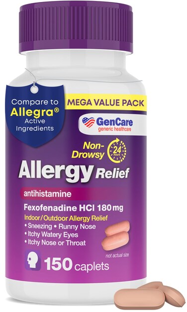 GenCare - Allergy Relief Pills   Fexofenadine HCl 180mg 150 Tablets   Non Drowsy Antihistamine Allergy Pills for Hay Fever, Seasonal Allergies, Outdoor &amp; Indoor Allergies   Relieves Itchy Eyes &amp; Nose