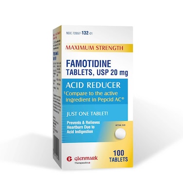 Glenmark Maximum Strength Famotidine Tablets, 20 mg, Acid Reducer for Heartburn Relief, 100 Count