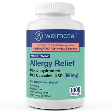WELMATE Allergy Relief   Diphenhydramine 50 mg   1000 Count Capsules   Antihistamine - Allergy &amp; Cold Symptoms - Sneezing, Runny Nose, Itchy Eyes &amp; Throat
