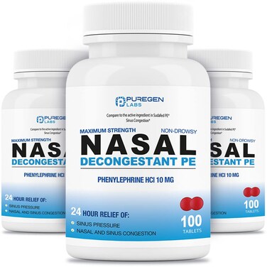 Puregen Labs Nasal Decongestant PE 3 Pack - 300 Tablets Total   Phenylephrine HCl 10 mg   Maximum Strength   Non Drowsy Nasal &amp; Sinus Congestion Relief Due to Cold or Allergies