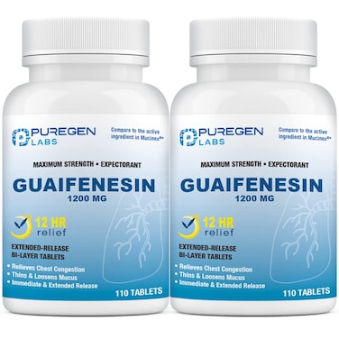Puregen Labs Mucus Relief 12 Hour Extended Release Guaifenesin 1200mg Maximum Strength   Total 220 Tablets   Relief from Cough, Cold, Nasal &amp; Chest Congestion   Expectorant   Extended Release