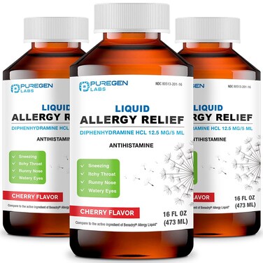 Puregen Labs Allergy Relief Oral Solution, Diphenhydramine HCl 12.5mg/5 mL, Antihistamine, Cherry Flavor, 16 Ounces 3 Pack