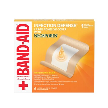 Band-Aid Brand Infection Defense Adhesive Wound Covers with Neosporin Antibiotic Ointment On The Pad for First Aid Wound Care, Bacitracin Zinc &amp; Polymyxin B Sulfate, Sterile, Large, 6 ct