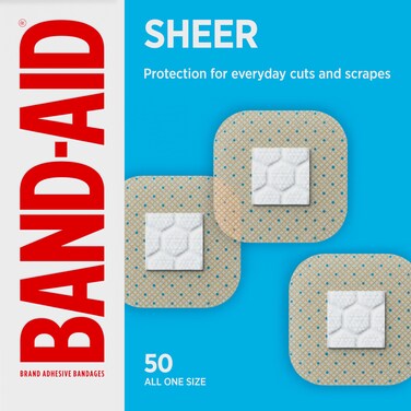 Sheer Spots Adhesive Small Square Bandages, Sterile, Individually Wrapped Discreet First Aid &amp; Wound Care for Minor Cuts &amp; Scrapes, Quilt-Aid Comfort Pads, One Size, 50 ct