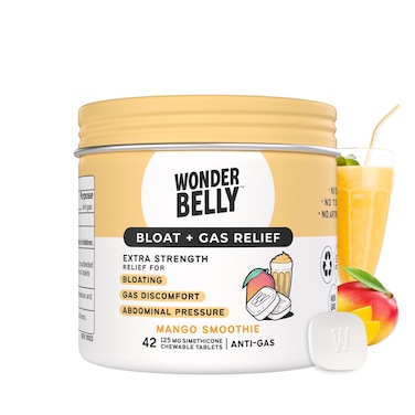 Wonderbelly Bloat + Gas Relief, Extra Strength Chewable Tablets, with 125 mg Simethicone, No Talc or Dye, Mango Smoothie, 42 Count