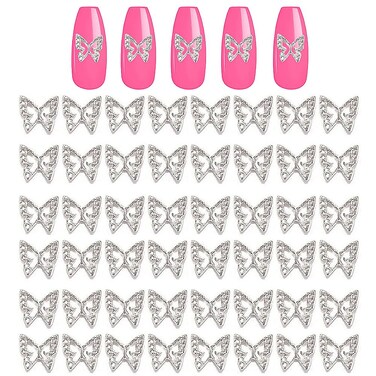 Silver Butterfly Nail Charms,50 Pieces Nail Charms for Acrylic Nails DIY Craft Nail Art Accessories (Silver)