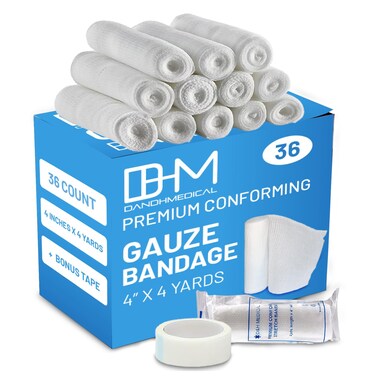 D&amp;H Medical Pack of 36 Gauze Bandage Roll 4 Inches x 4.1 Yards with Tape - Medical Gauze Wrap for Wounds Care - Easy to Use Cotton Rolls for Hand Wrap Dressing Ankles &amp; Knees