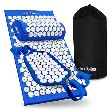 Acupressure Mat, Strap &amp; Pillow 3 piece Gift Set, 12,348 Acupuncture Pressure Points for Back Pain Relief, Increased Energy, Relaxation, FSA/HSA Eligible, Drawstring Bag, Blue