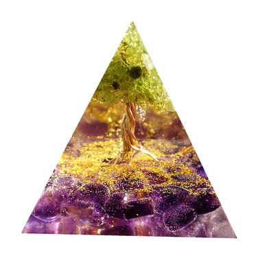 Tree Orgonite Pyramid with Positive Reiki Energy Generator Amethyst Peridot Crystal Healing Orgone Collection Wealth Lucky Meditation Tool