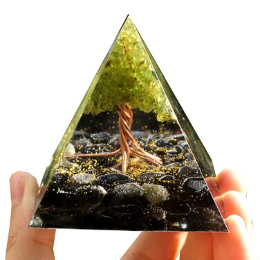 Handmade Tree of Life Orgonite Pyramid Peridot with Obsidian Crystal Stone Positive Reiki Energy Generator Healing Orgone Collection