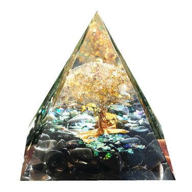 Tree of Life Orgonite Pyramid Kit White Quartz with Obsidian Stone Positive Reiki Energy Generator Crystal Healing Orgone Collection Wealth Lucky Meditation Tool