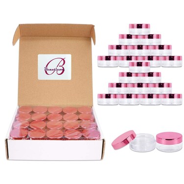 Beauticom 10g/10ml (0.35 Fl Oz) Round Clear Jars with Round Top Lids for Creams, Lotions, Make Up, Powders, Glitters, and more... (Color: Metallic Rose Gold Lid, Quantity: 40 Pieces)