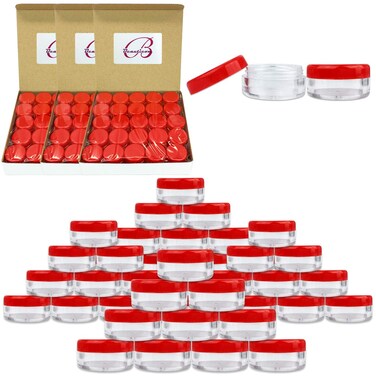 Beauticom (Quantity: 200 Pieces) 5G/5ML Round Clear Jars with RED Lids for Scrubs, Oils, Toner, Salves, Creams, Lotions, Makeup Samples, Lip Balms