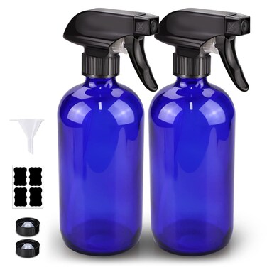 Glass Spray Bottle, Blue Glass Spray Bottle Set &amp; Accessories for Non-toxic Window Cleaners Aromatherapy Facial Hydration Watering Flowers Hair Care (2 Pack/16 oz) (Blue)