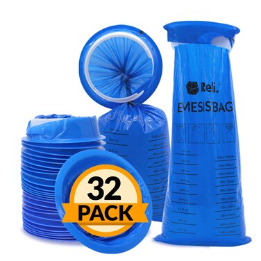 Reli. Vomit Bags Disposable (32 Pack) Barf Bags Disposable, 1000ml   Throw Up, Emesis, Puke, Nausea   Use for Car, Barf, Adults, Kids (Blue)