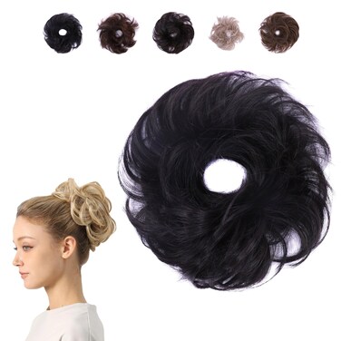 Juvabun Small Messy Bun Hair Piece - Black   Curly Wave Hair Bun Scrunchie   Everyday Wear Fake Hair Bun  Bun Extensions for Women, Washable &amp; Realistic  Synthetic Hair Bun Scrunchie hairpieces-Black