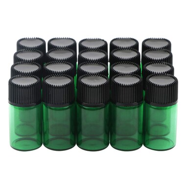 Kesell 3ml Refillable Empty Essential Oil Glass Bottle, Green Color Glass Vials Bottles with Black Cap and Orifice Reducer, Pack of 20