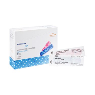 McKesson Kids Adhesive Bandages, Sterile, Plastic Strip, Pink/Blue, 3/4 in x 3 in, 100 Count, 1 Pack
