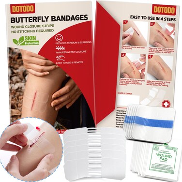 Emergency Wound Closure Strips - HSA/FSA Eligible - Dotodo 6PCS Laceration Closure Kit - Sutures Butterfly Bandaids   Stretchable &amp; Shrinks Back to Close The Cut